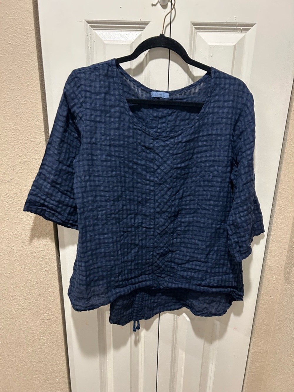 Linnea Made in USA  Linen Crinkle Textured Navy Top Lagenlook, XS